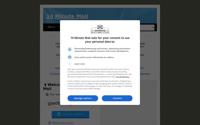 Screenshot of 10minutemail.net