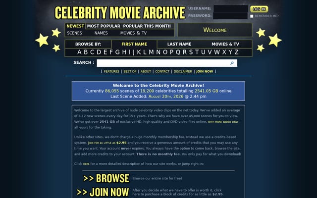 Screenshot of celebritymoviearchive.com