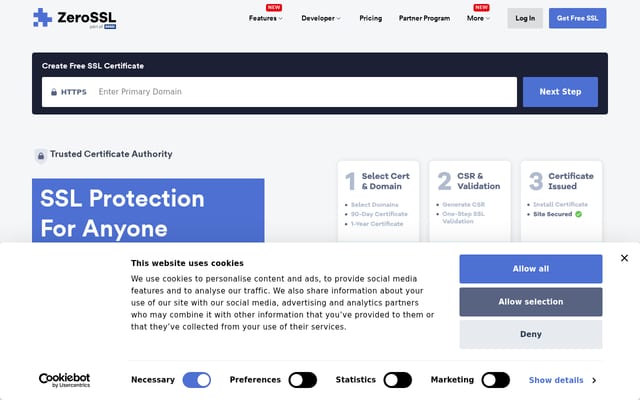 Screenshot of zerossl.com