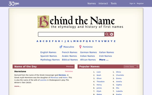 Screenshot of behindthename.com