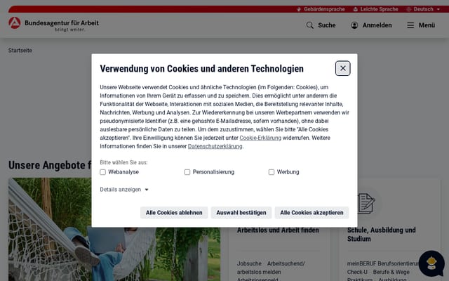 Screenshot of arbeitsagentur.de