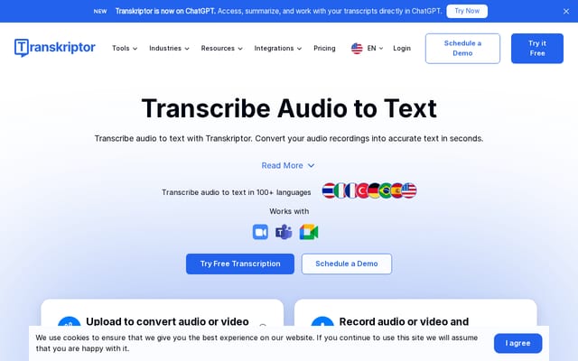 Screenshot of transkriptor.com