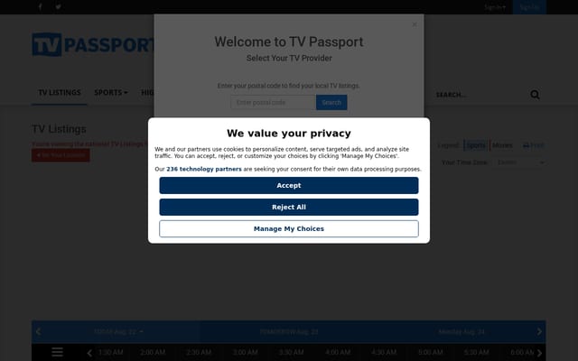 Screenshot of tvpassport.com