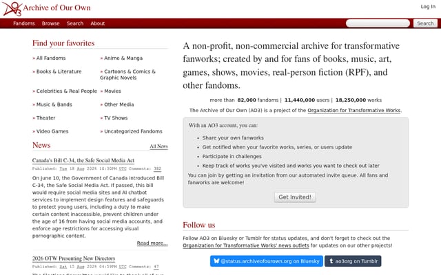 Screenshot of archiveofourown.org