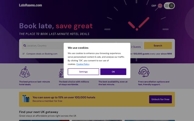 Screenshot of laterooms.com
