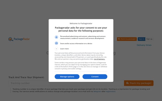 Screenshot of packageradar.com